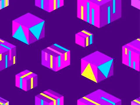 Isometric squares seamless pattern. Geometric elements of memphis style, 3d o Stockillustratie