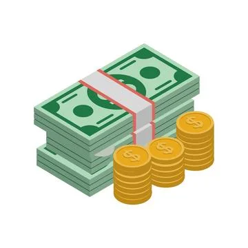 Isometric Stack of Cash and Gold Coins Illustration. Stock Illustration