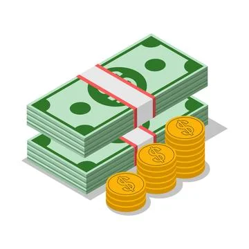 Isometric Stack of Dollar Bills and Gold Coins Illustration. Illustrazione stock