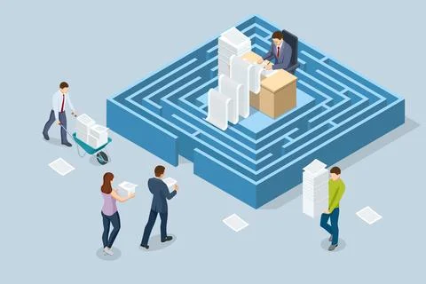 Isometric stacks of paperwork and files in the office, bureaucracy, overload Illustrazione stock