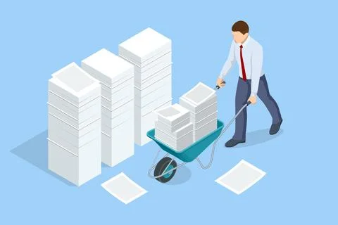 Isometric stacks of paperwork and files in the office, bureaucracy, overload Stock Illustration