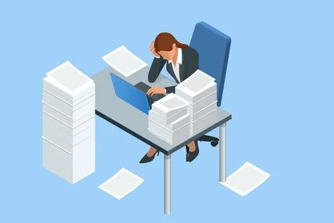 Isometric stacks of paperwork and files in the office, bureaucracy, overload Illustrazione stock