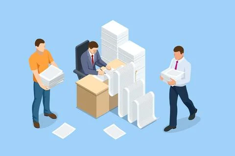 Isometric stacks of paperwork and files in the office, bureaucracy, overload Illustrazione stock