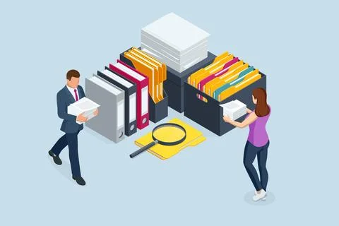 Isometric stacks of paperwork and files in the office, bureaucracy, overload Illustrazione stock