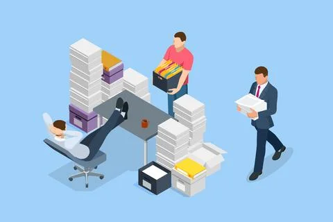 Isometric stacks of paperwork and files in the office, bureaucracy, overload Illustrazione stock
