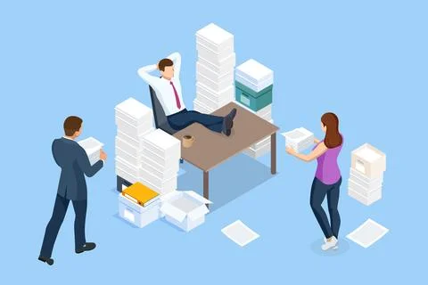 Isometric stacks of paperwork and files in the office, bureaucracy, overload Stockillustratie