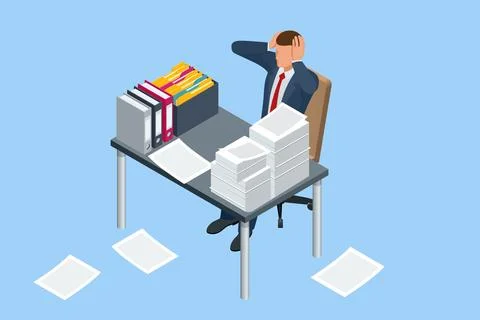 Isometric stacks of paperwork and files in the office, bureaucracy, overload Illustrazione stock