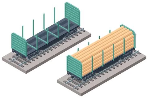 Isometric stake wagons shown empty and loaded with logs. This rail transport set Stock Illustration