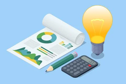 Isometric startup begins with the spark of an idea, like a light bulb, but Stock Illustration