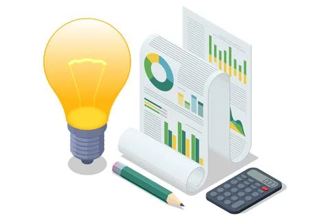 Isometric startup begins with the spark of an idea, like a light bulb, but Stock Illustration