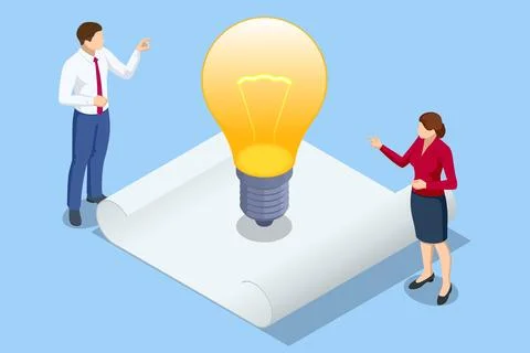 Isometric startup begins with the spark of an idea, like a light bulb, but Stock Illustration