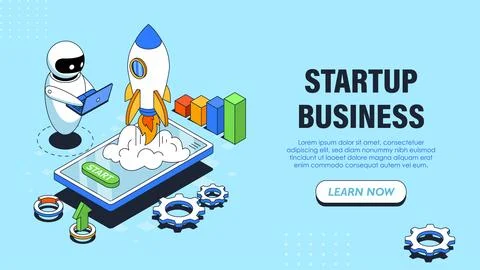 Isometric startup poster. Bot launch rocket near graphs and diagrams. Robot 스톡 일러스트