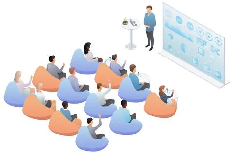 Isometric startup presentation scene with audience on bean bags listening Stock Illustration