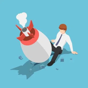 Isometric startup rocket crash on the floor between businessman leg Illustrazione stock