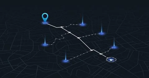 Isometric street plan showing white direction path connecting Stock Illustration