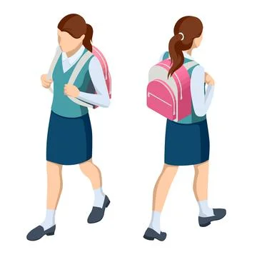 Isometric student in school uniform goes to school with a backpack Education Illustrazione stock