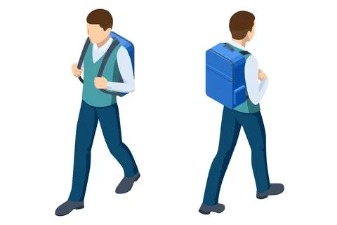 Isometric student in school uniform goes to school with a backpack Education Illustrazione stock