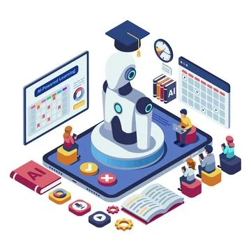 Isometric Students Interacting with AI-Powered Learning Platform Illustrazione stock