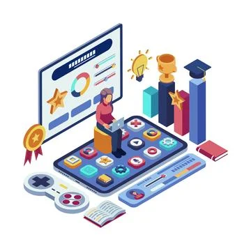 Isometric Students using Gamified Learning Platform with Interactive Elements Stock Illustration