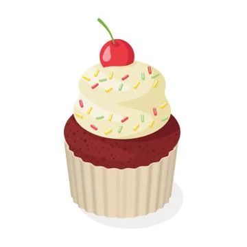 Isometric style 3d vector illustration of cupcake with cherry. Stock Illustration