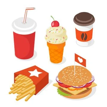 Isometric style 3d vector set of fast food. Illustration of burger, french fr Stock Illustration