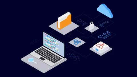 Isometric style program development with laptop connection 스톡 일러스트