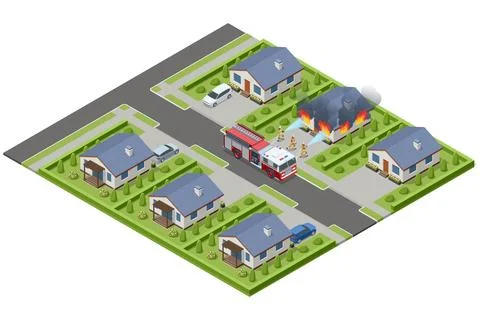 Isometric suburban house fire with fire engine and firefighter response Stock Illustration