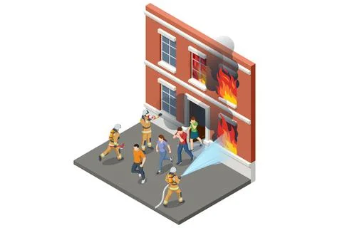 Isometric suburban house fire with fire engine and firefighter response Stock Illustration