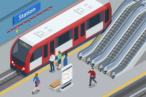 Isometric subway station platform. High speed train. Included underground train Stock Illustration