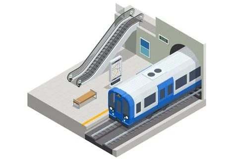 Isometric subway station platform. High speed train. Included underground train Stock Illustration