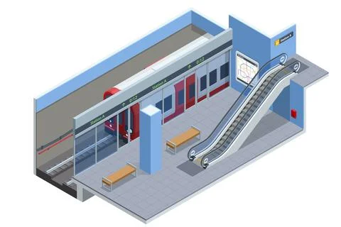 Isometric subway station platform. High speed train. Included underground train Stock Illustration