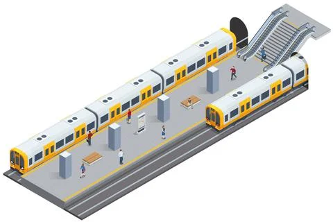Isometric subway station platform. High speed train. Included underground train Stock Illustration
