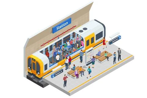 Isometric subway station platform. Included underground train, station and route Stock Illustration