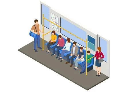 Isometric Subway underground train. People Passangers In Subway. Commuting Stock Illustration