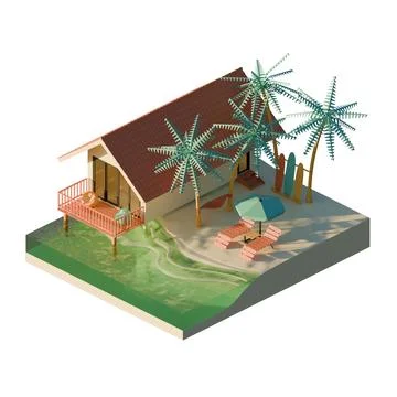 Isometric Summer Beach 3D Render Illustration Stock Illustration