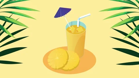 Isometric summer pineapple juice animation with tropical leaves and cold co.. Видео 334090299