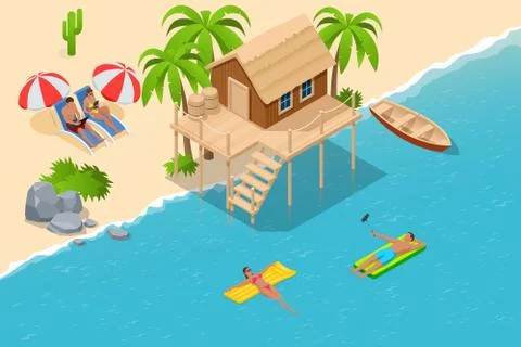 Isometric Summer Vacation concept. Summer time. Luxury overwater thatched roof Stock Illustration