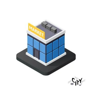 Isometric supermarket flat icon isolated on white background, building city i Stock Illustration