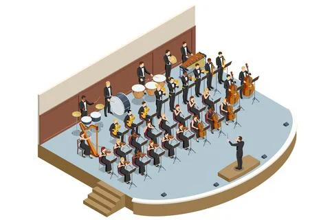 Isometric Symphony Orchestra. Symphonic string orchestra performing on stage and Ilustración de archivo