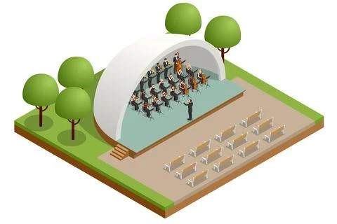 Isometric Symphony Orchestra. Symphonic string orchestra performing on stage and Ilustración de archivo