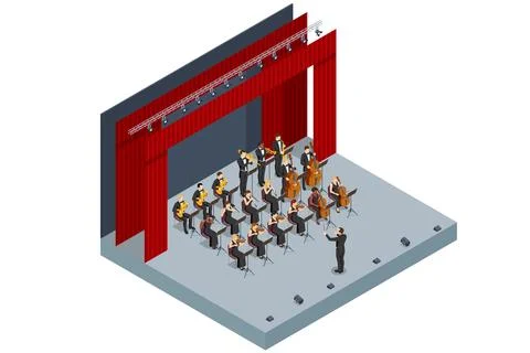 Isometric Symphony Orchestra. Symphonic string orchestra performing on stage and Ilustración de archivo