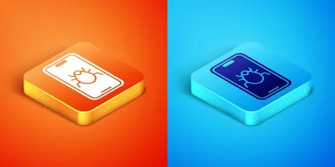Isometric System bug on mobile icon isolated on orange and blue background. Code Stock Illustration