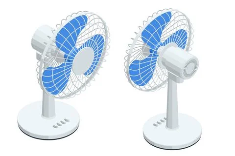 Isometric table fan shown from front and rear with blue blade, protective grille Stock Illustration