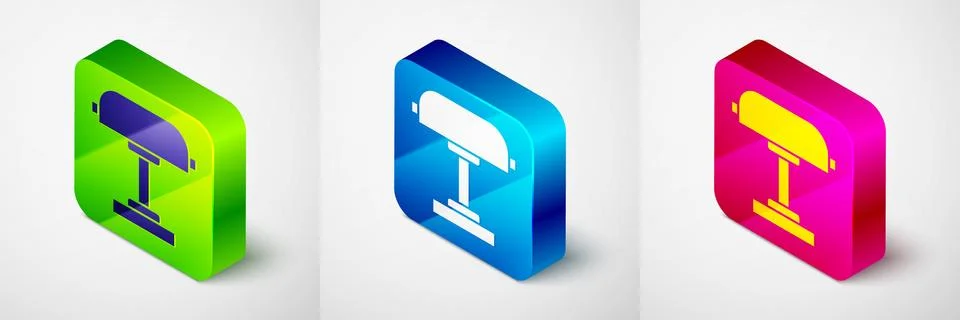 Isometric Table lamp icon isolated on grey background. Desk lamp. Square button Stock Illustration