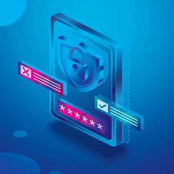 Isometric Tablet Computer in Blue Colors. Device with Shield and Password For Stock Illustration