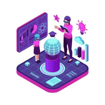 Isometric Teacher and Student in Virtual Metaverse Classroom Stock Illustration