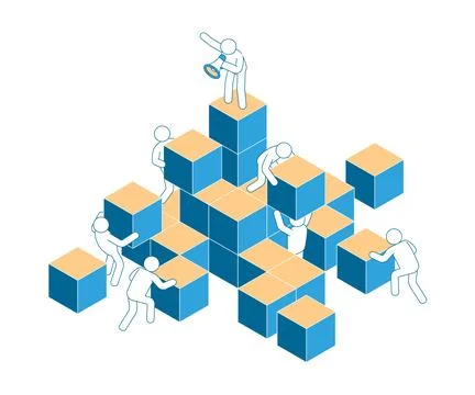 Isometric Team Collaboration on Blue Block Structure イラスト素材