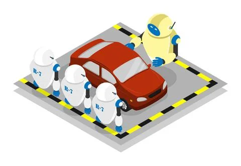 Isometric team of robots with senior AI chief engineer bot investigates and.. Stock Illustration