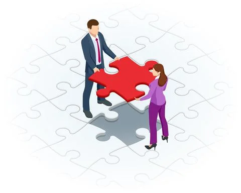 Isometric Teamwork with Puzzle, Teamwork, Cooperation, Partnership Concept Stock Illustration