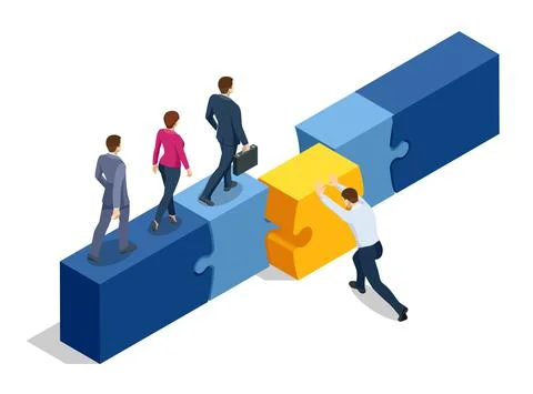 Isometric Teamwork with Puzzle, Teamwork, Cooperation, Partnership Concept Ilustración de archivo